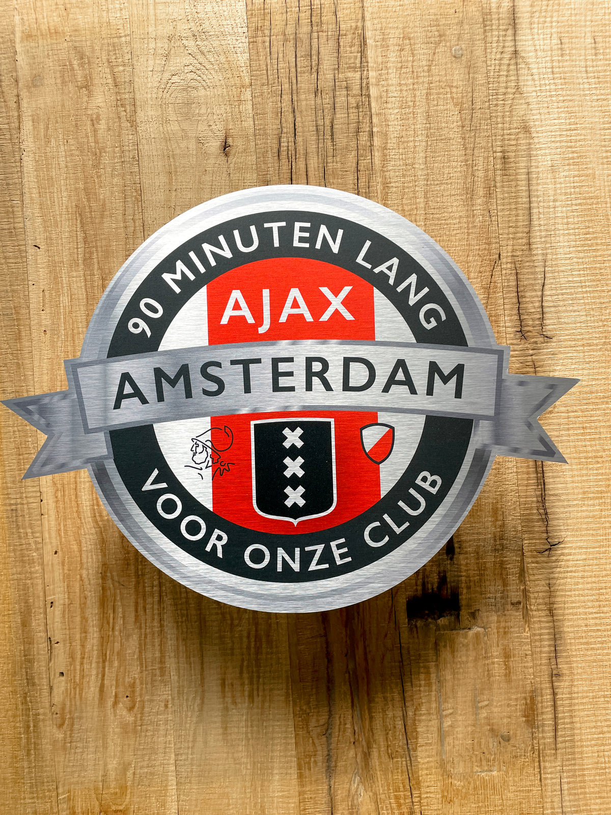 Reclamebord Embleem Ajax 90 minuten lang (zwart) aluminium