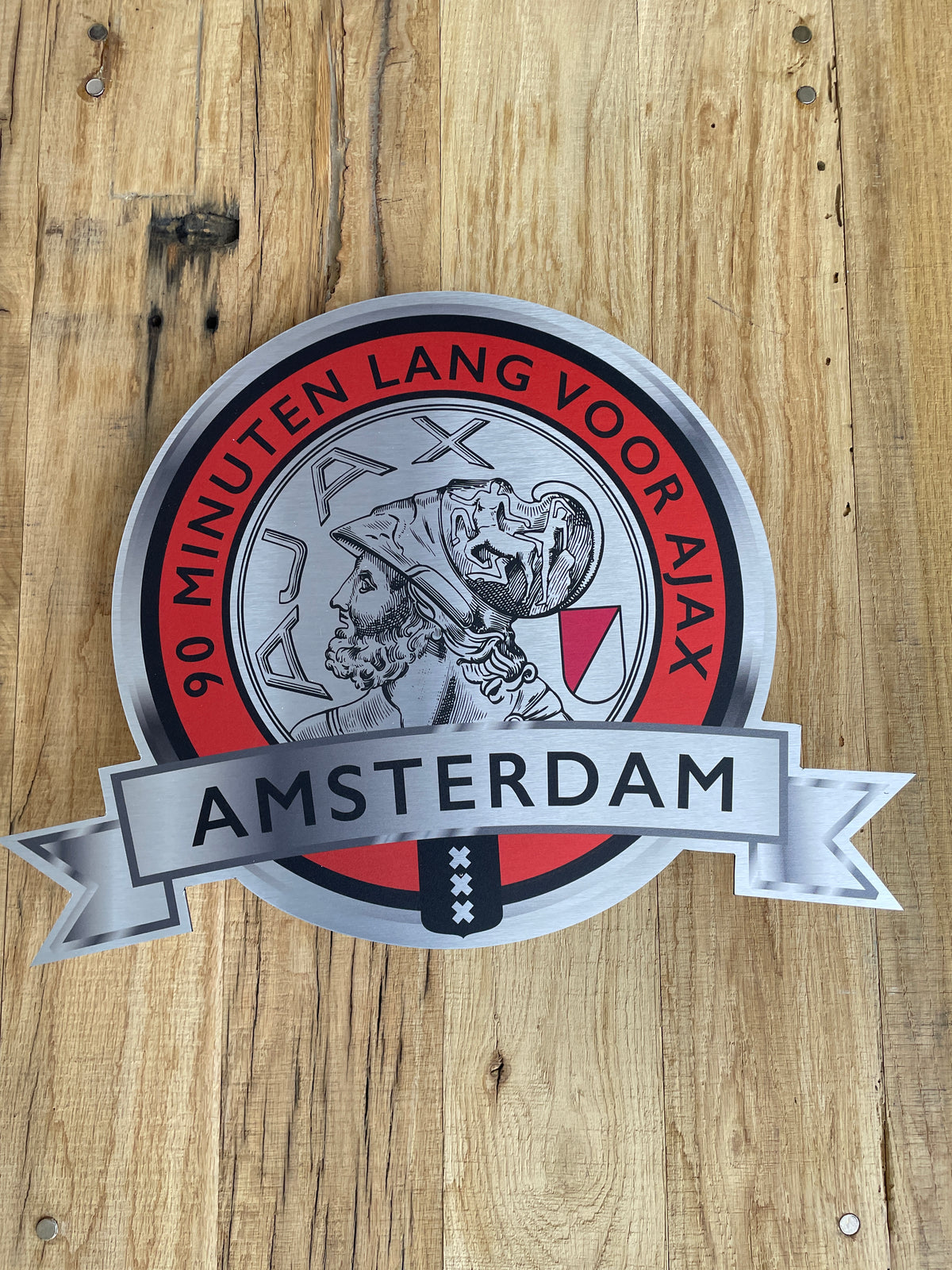 Reclamebord Embleem Ajax 90 minuten lang (rood) aluminium