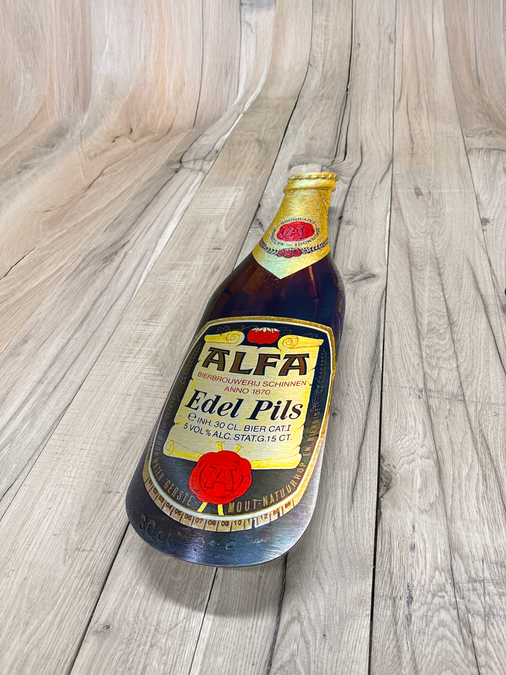 Reclamebord fles Alfa edel pils in vorm bierfles groot, 20x70cm