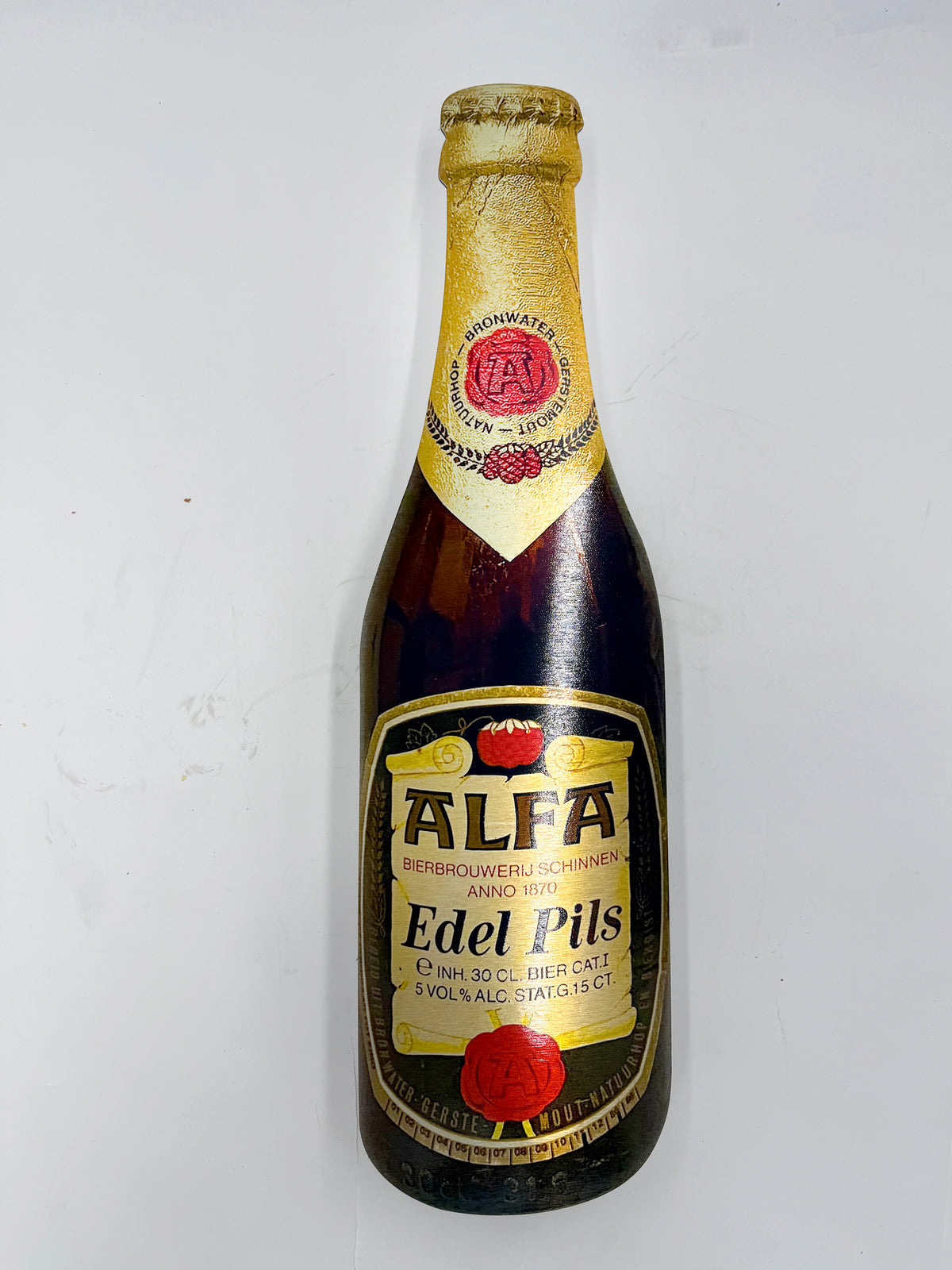 Reclamebord fles Alfa edel pils in vorm bierfles groot, 20x70cm