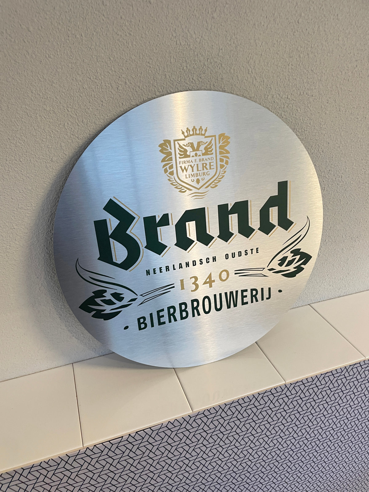 Reclamebord Brand bier logo aluminium, afmeting 40x40 cm