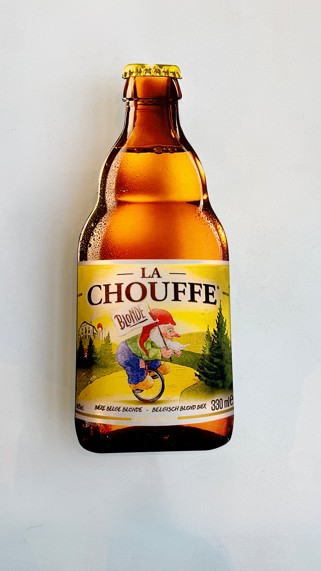Reclamebord Chouffe bierfles klein, aluminium, afm 28x70 cm