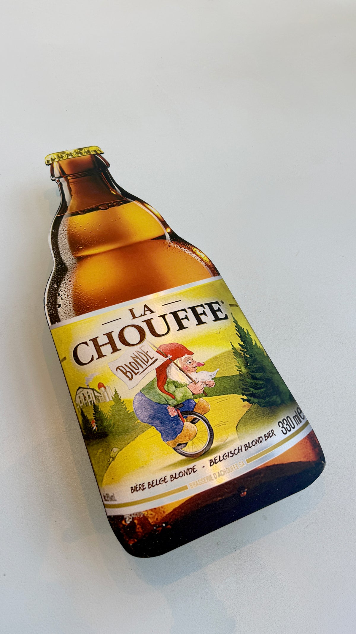 Reclamebord Chouffe bierfles klein, aluminium, afm 28x70 cm
