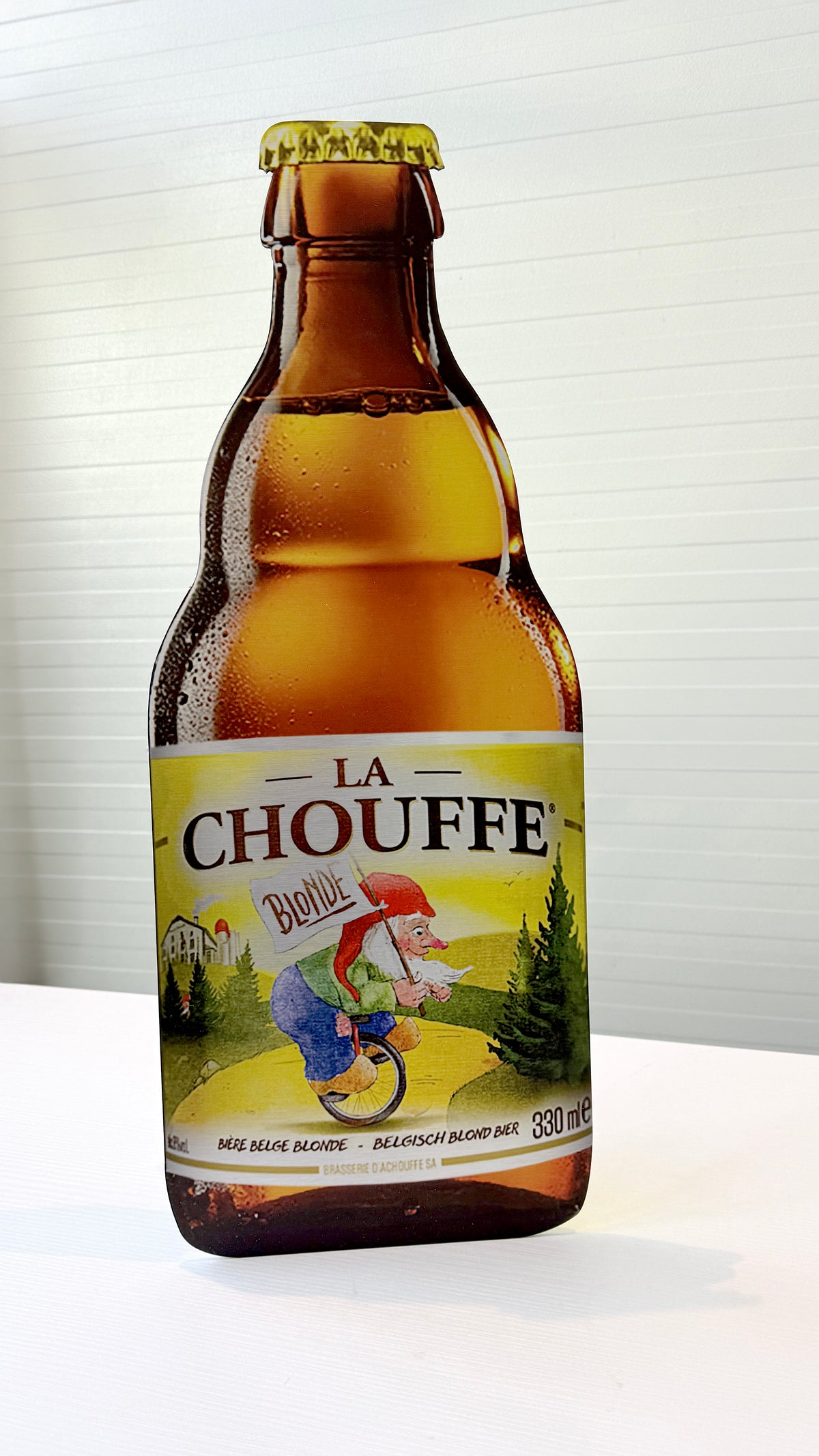 Reclamebord Chouffe bierfles klein, aluminium, afm 28x70 cm