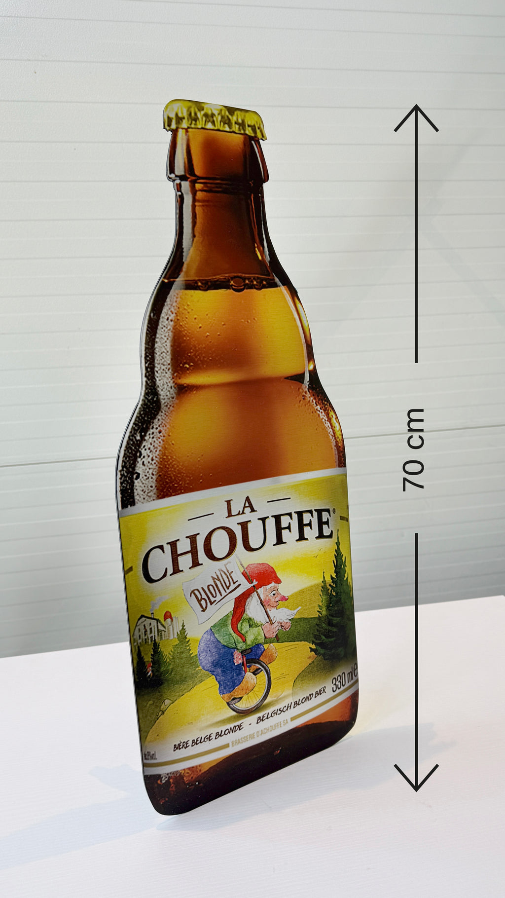 Reclamebord Chouffe bierfles klein, aluminium, afm 28x70 cm