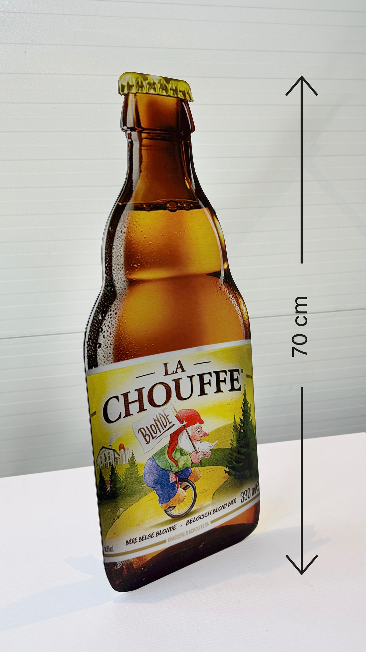 Reclamebord Chouffe bierfles klein, aluminium, afm 28x70 cm