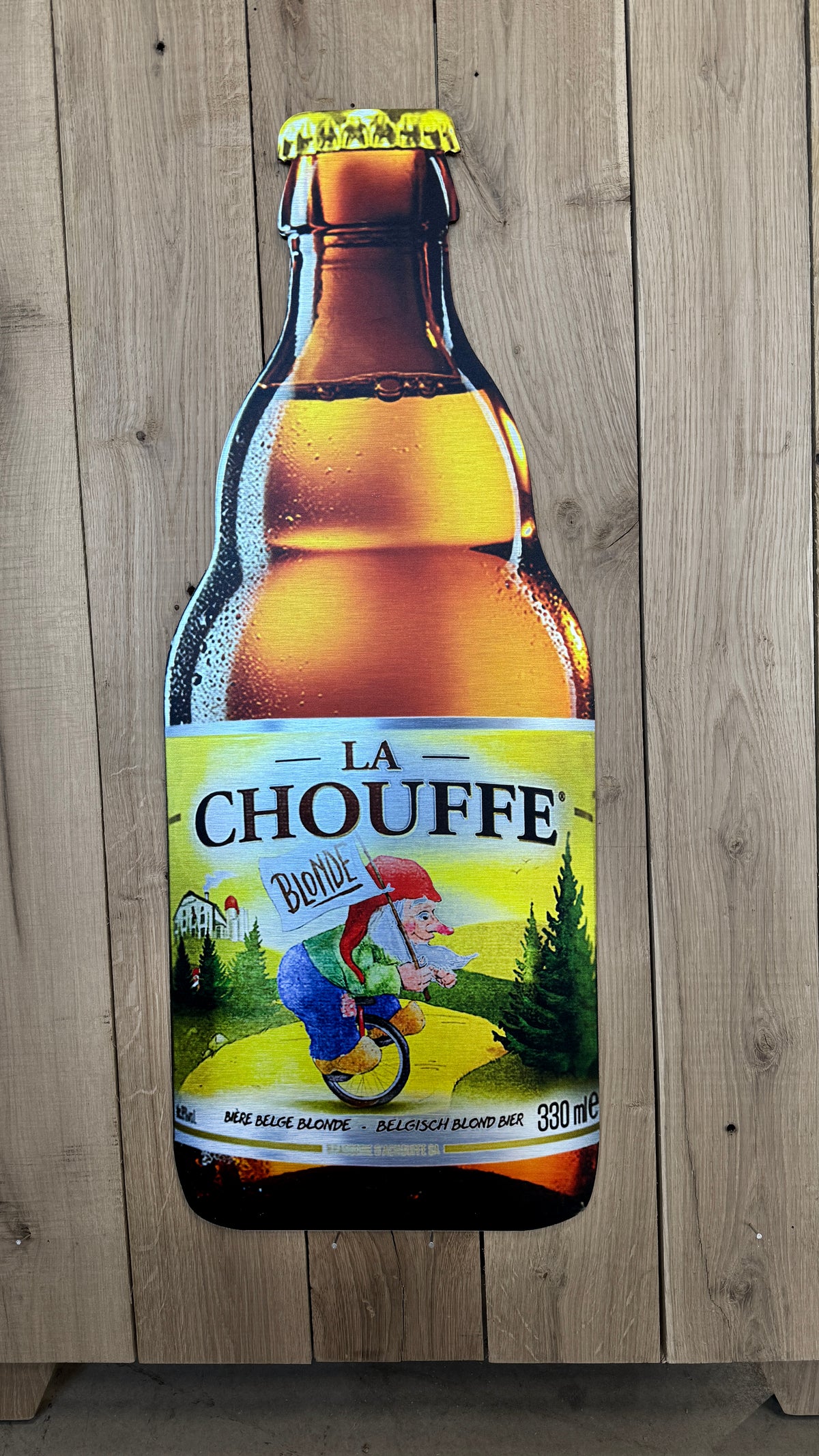 Reclamebord Chouffe bierfles klein, aluminium, afm 28x70 cm