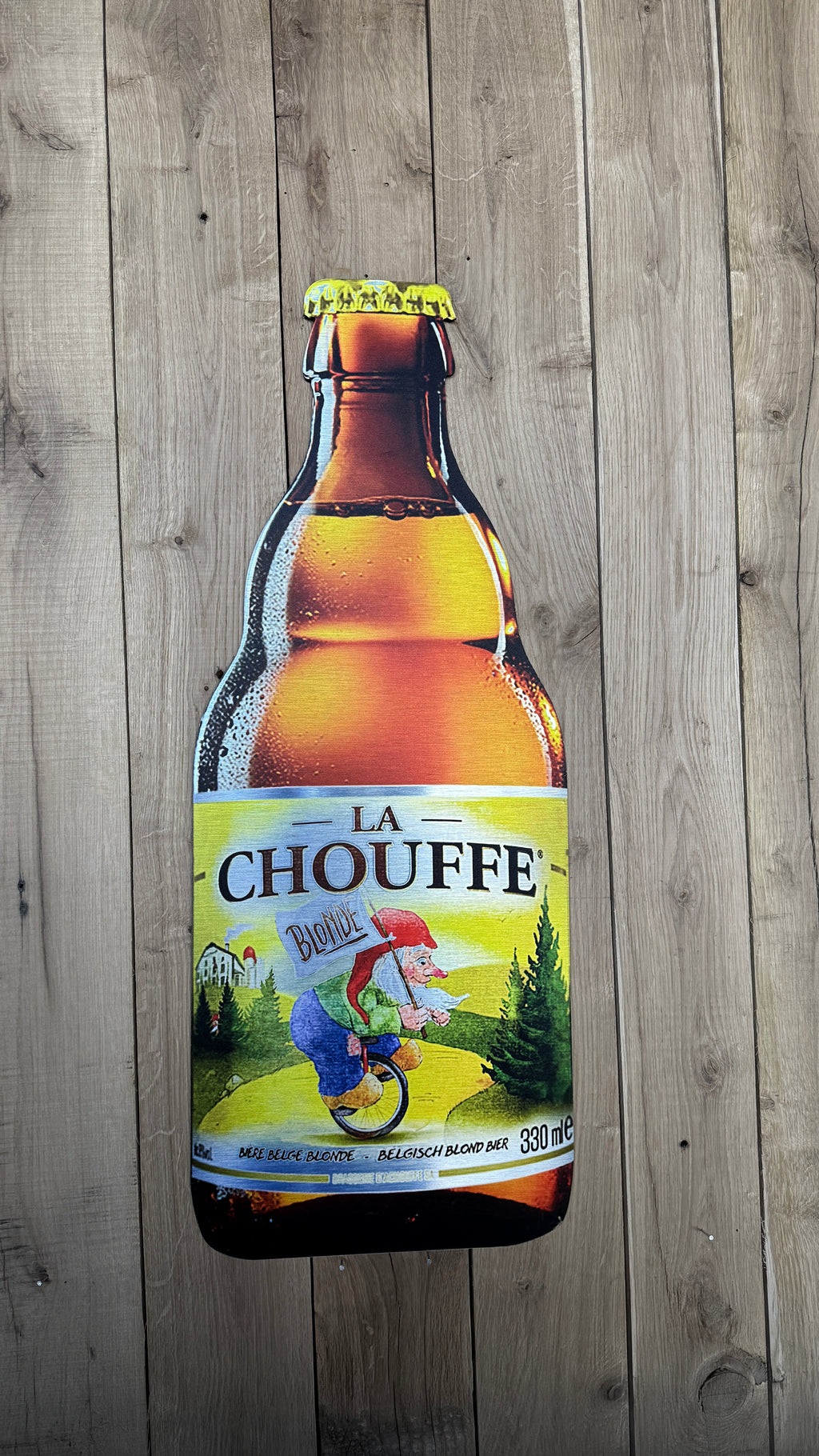 Reclamebord Chouffe bierfles klein, aluminium, afm 28x70 cm