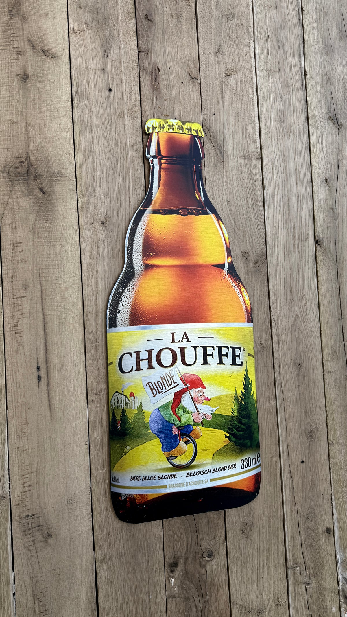 Reclamebord Chouffe bierfles klein, aluminium, afm 28x70 cm