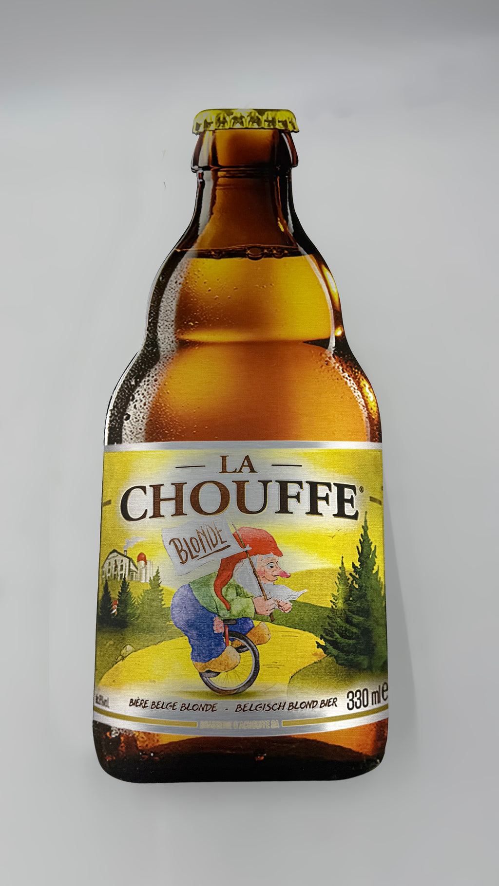 Reclamebord Chouffe bierfles klein, aluminium, afm 28x70 cm