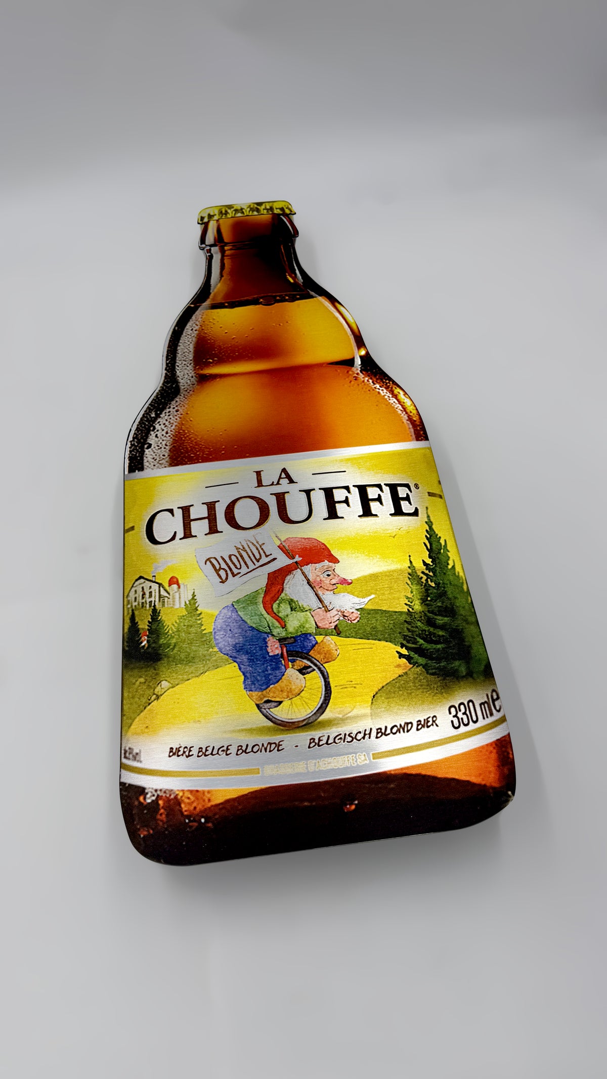 Reclamebord Chouffe bierfles klein, aluminium, afm 28x70 cm