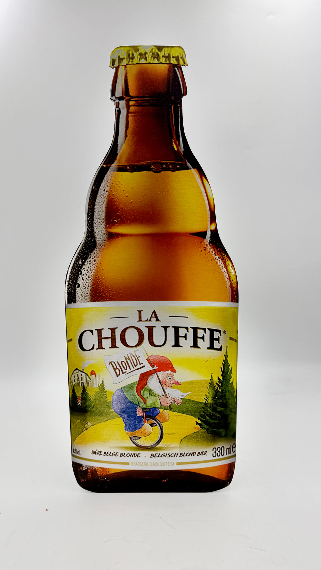 Reclamebord Chouffe bierfles klein, aluminium, afm 28x70 cm
