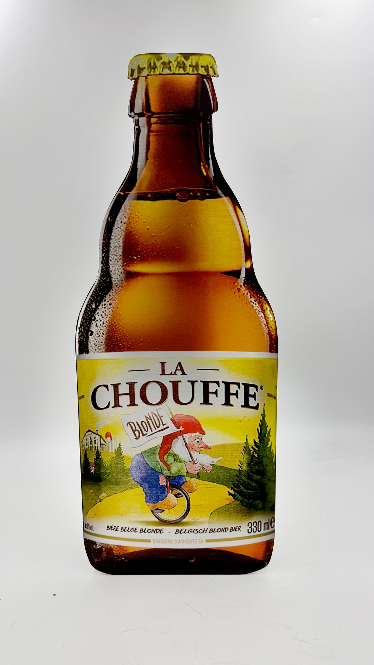 Reclamebord Chouffe bierfles klein, aluminium, afm 28x70 cm
