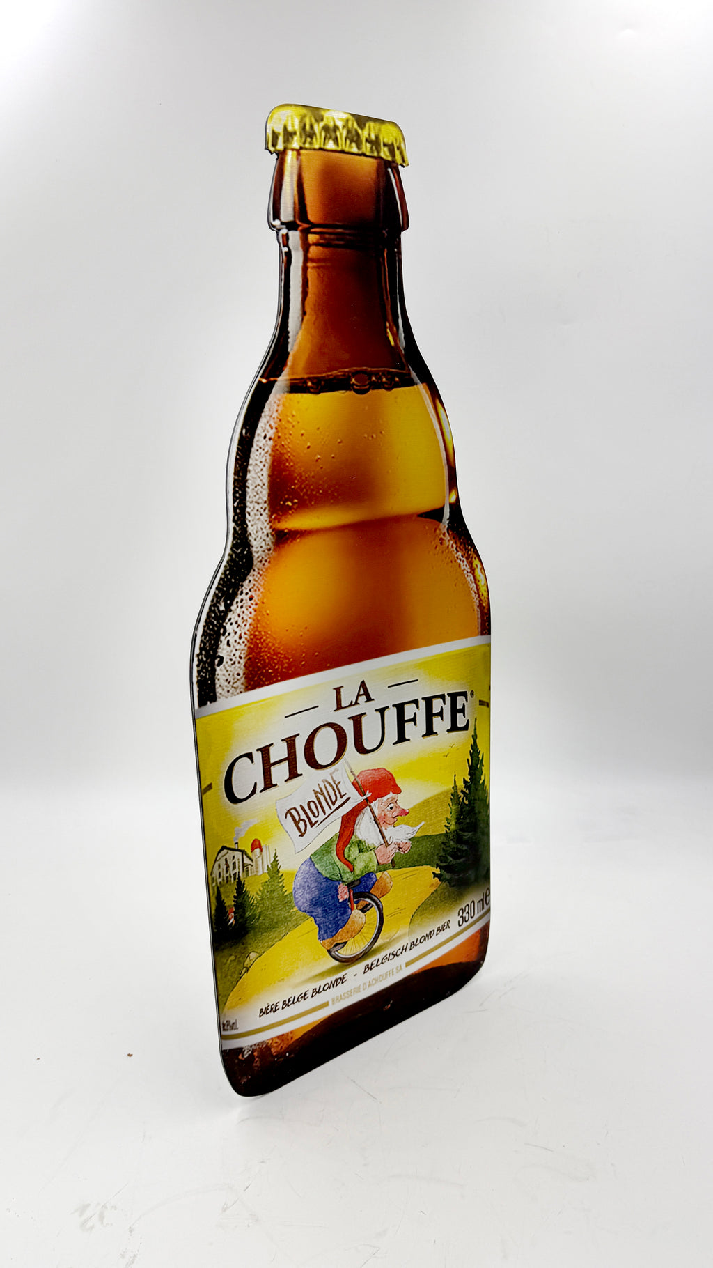 Reclamebord Chouffe bierfles klein, aluminium, afm 28x70 cm