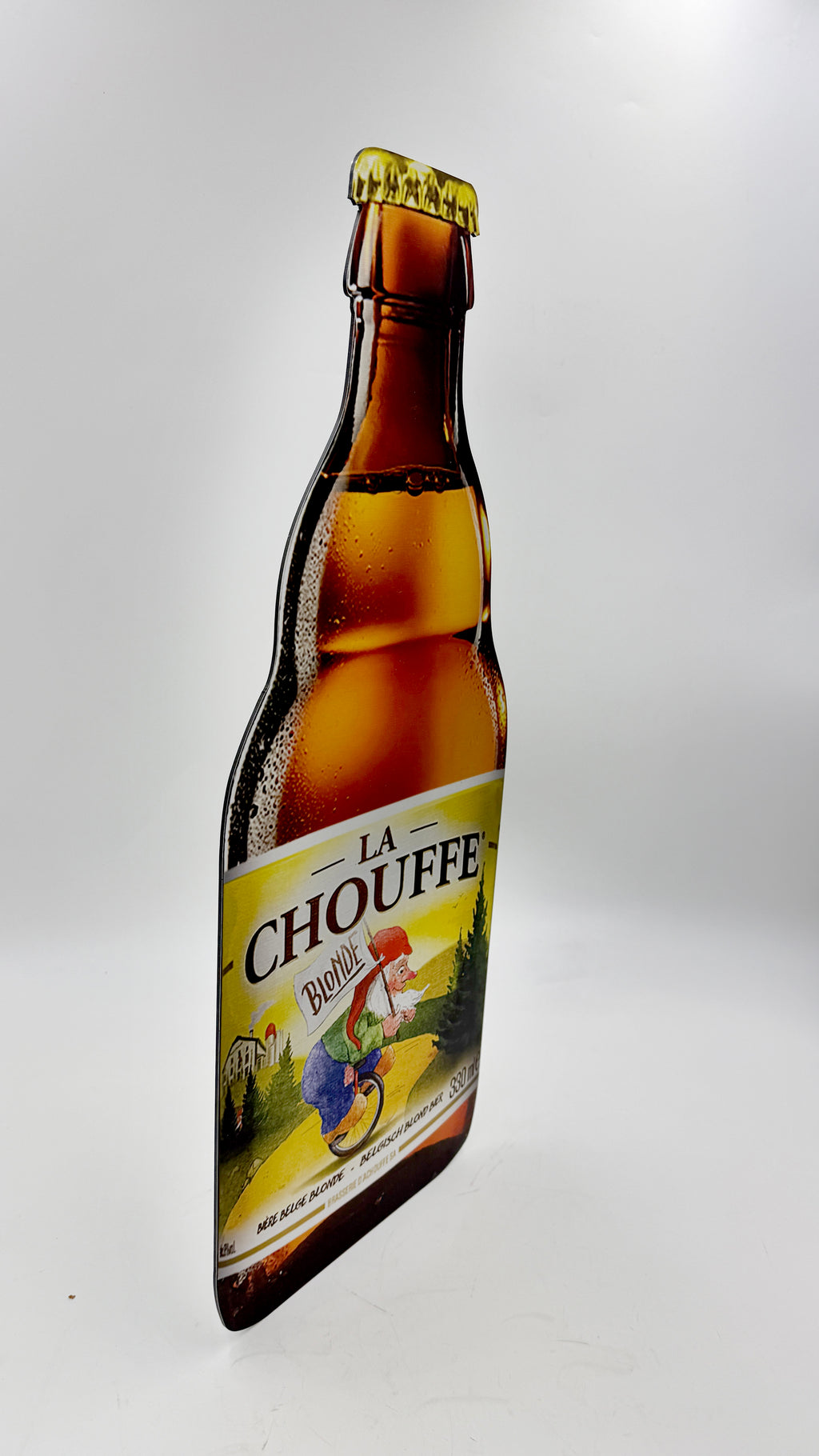 Reclamebord Chouffe bierfles klein, aluminium, afm 28x70 cm