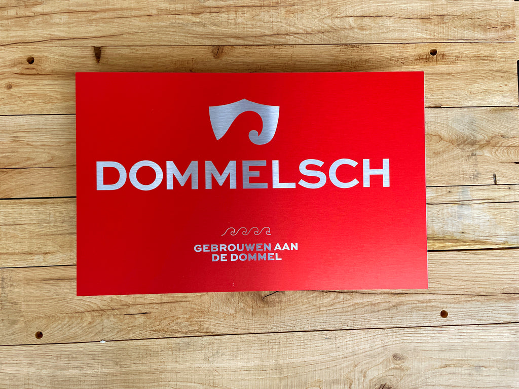 Reclamebord Dommelsch bier logo, aluminium, afm 36x57 cm