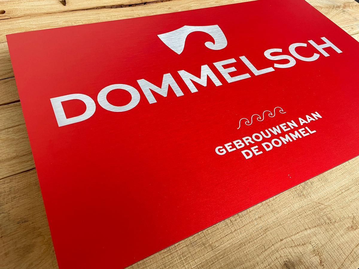 Reclamebord Dommelsch bier logo, aluminium, afm 36x57 cm