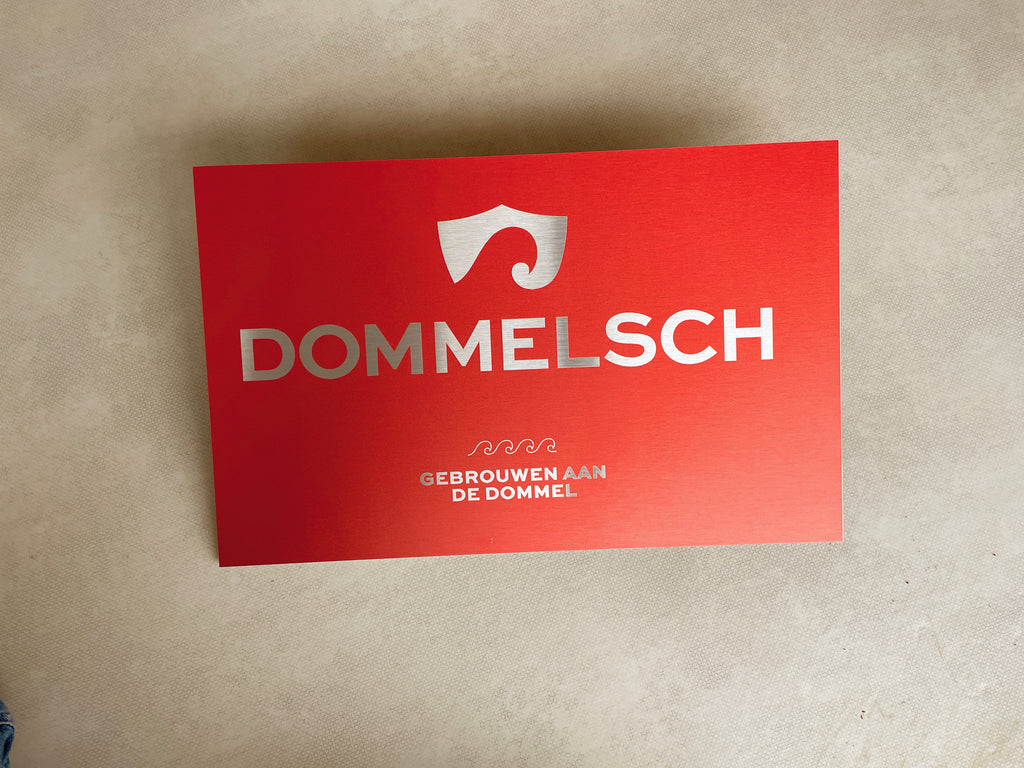 Reclamebord Dommelsch bier logo, aluminium, afm 36x57 cm