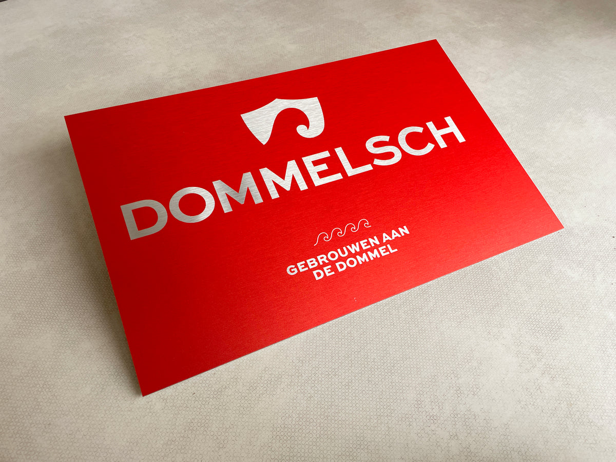 Reclamebord Dommelsch bier logo, aluminium, afm 36x57 cm