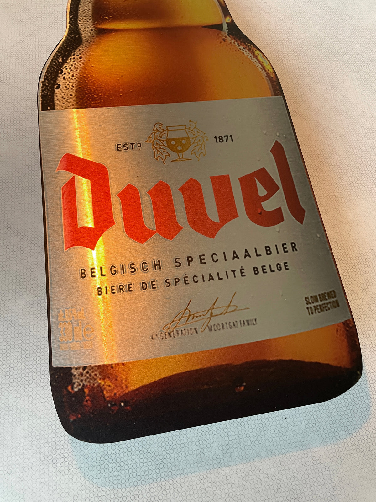 Reclamebord Duvel bierfles bord groot, aluminium, afm28x70cm