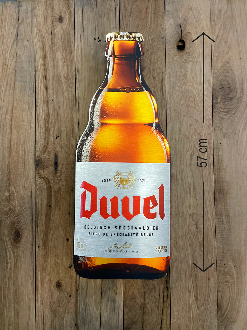 Reclamebord Duvel bierfles bord groot, aluminium, afm28x70cm