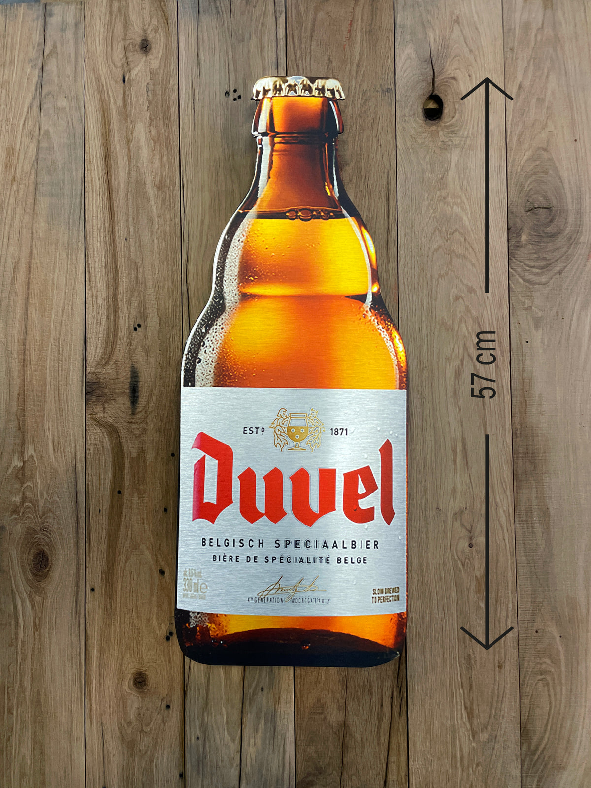 Reclamebord Duvel bierfles bord groot, aluminium, afm28x70cm