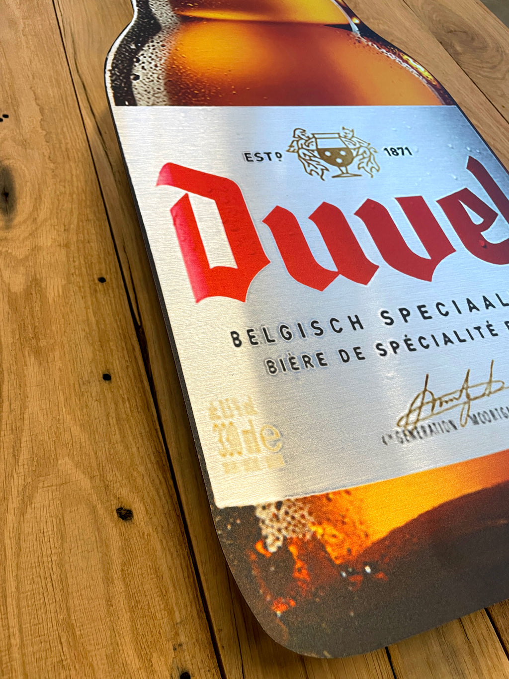 Reclamebord Duvel bierfles bord groot, aluminium, afm28x70cm