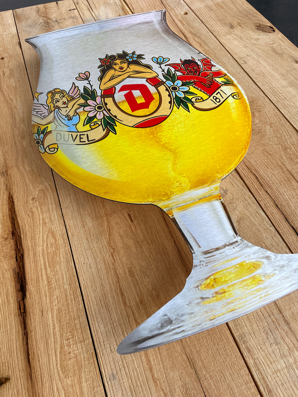 Reclamebord Duvel bierglas bord groot, aluminium, 33x57 cm