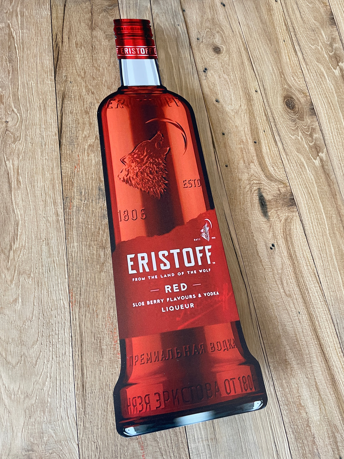 Reclamebord Eristoff Red vodka fles groot, 70cm, aluminium