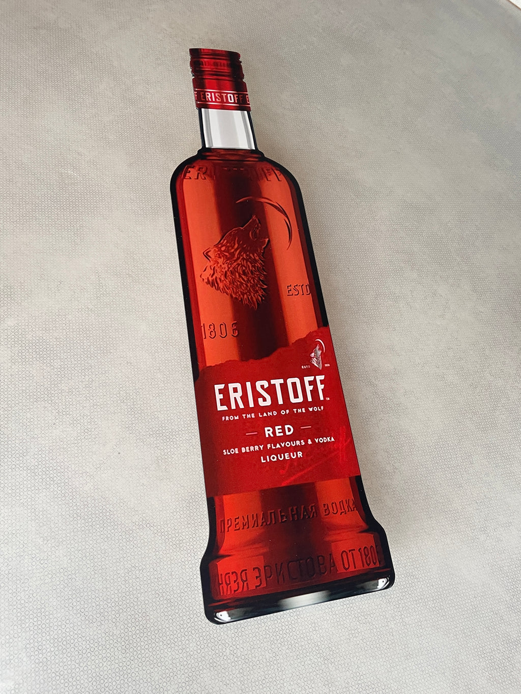 Reclamebord Eristoff Red vodka fles groot, 70cm, aluminium