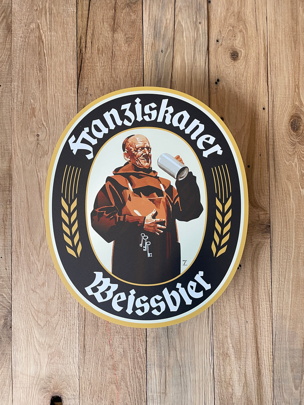 Reclamebord Franziskaner logo label, 40x50cm, aluminium