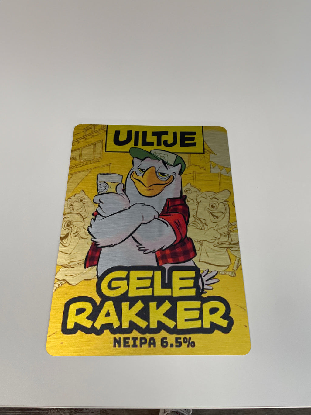 Reclamebord Uiltje Gele Rakker bier logo NEIPA, 30x41cm alu