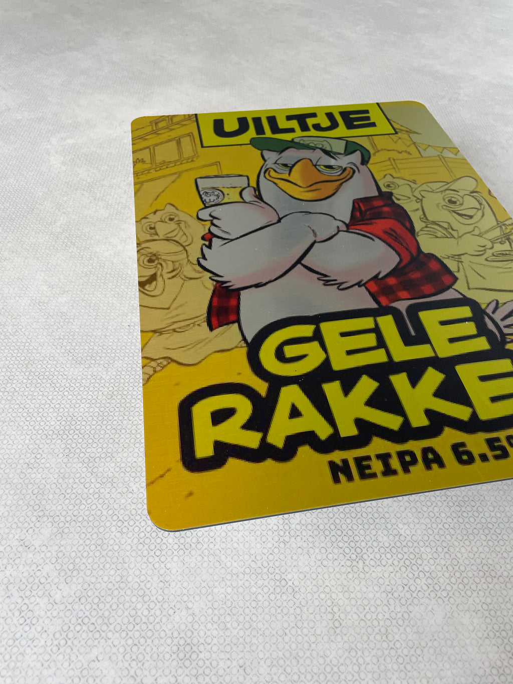 Reclamebord Uiltje Gele Rakker bier logo NEIPA, 30x41cm alu