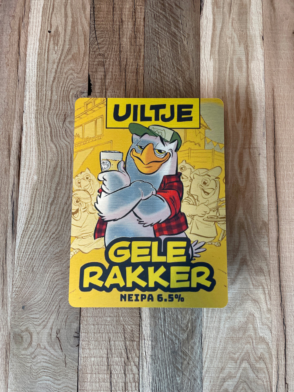 Reclamebord Uiltje Gele Rakker bier logo NEIPA, 30x41cm alu