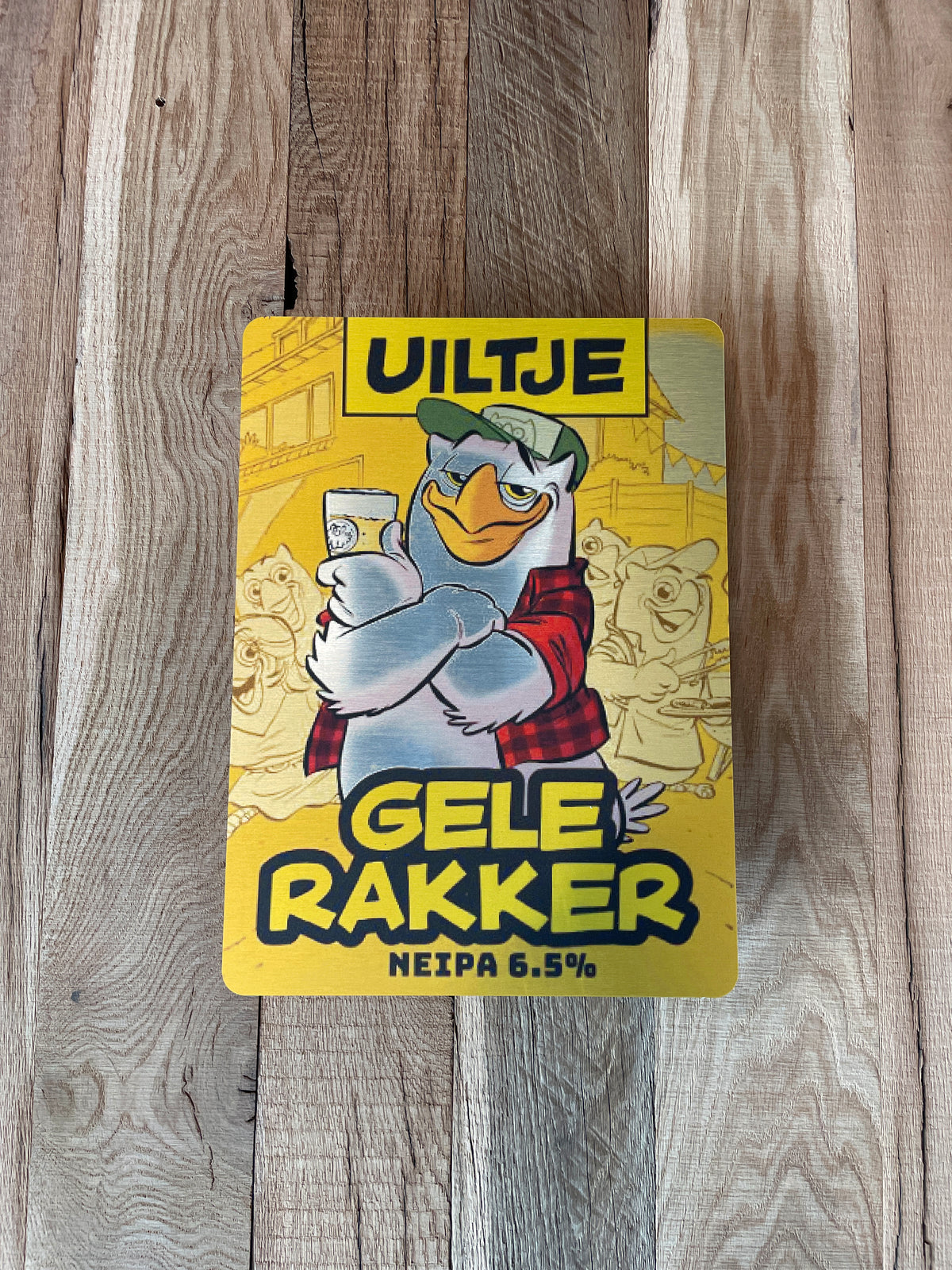 Reclamebord Uiltje Gele Rakker bier logo NEIPA, 30x41cm alu