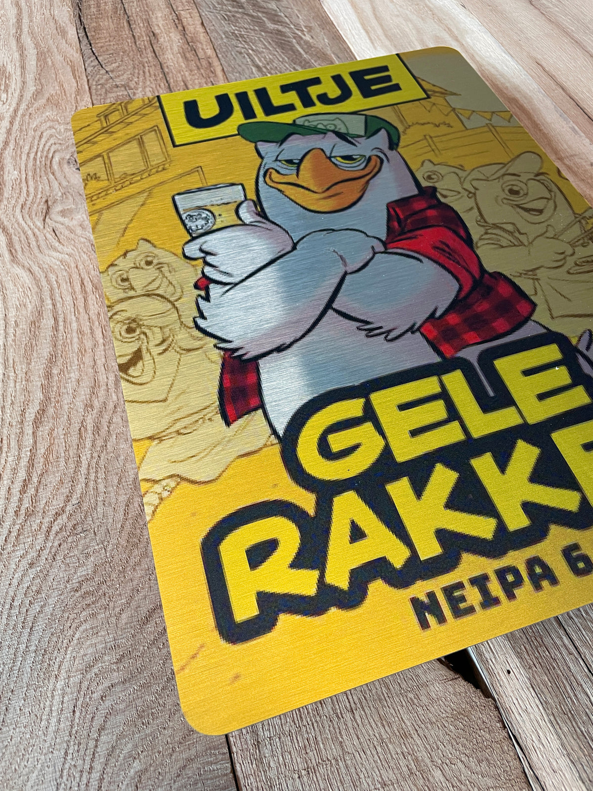 Reclamebord Uiltje Gele Rakker bier logo NEIPA, 30x41cm alu