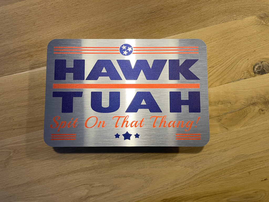 Bord Hawk Tuah ‘Spit on that thang’, aluminium, 20x30cm