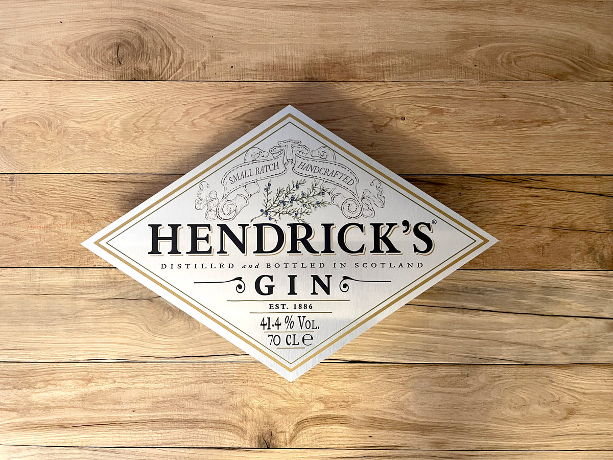 Reclamebord Hendrick’s Gin, etiket, groot 40x57cm aluminium