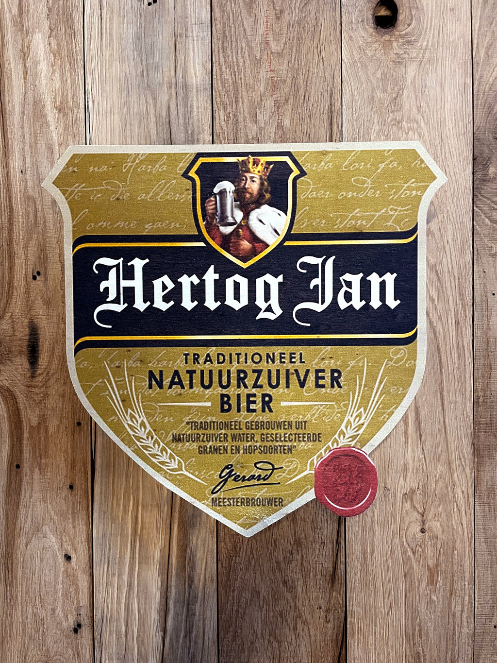 Reclamebord hout Hertog Jan bier logoschild etiket,40x40 cm