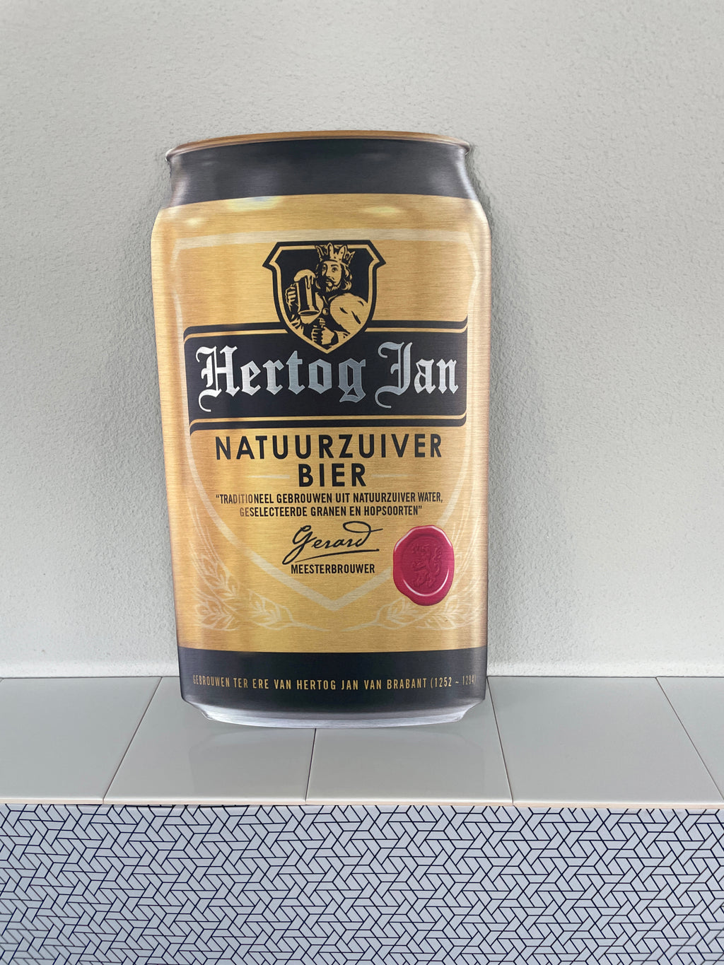 Reclamebord Hertog Jan bier in vorm groot bierblik, 25x46cm