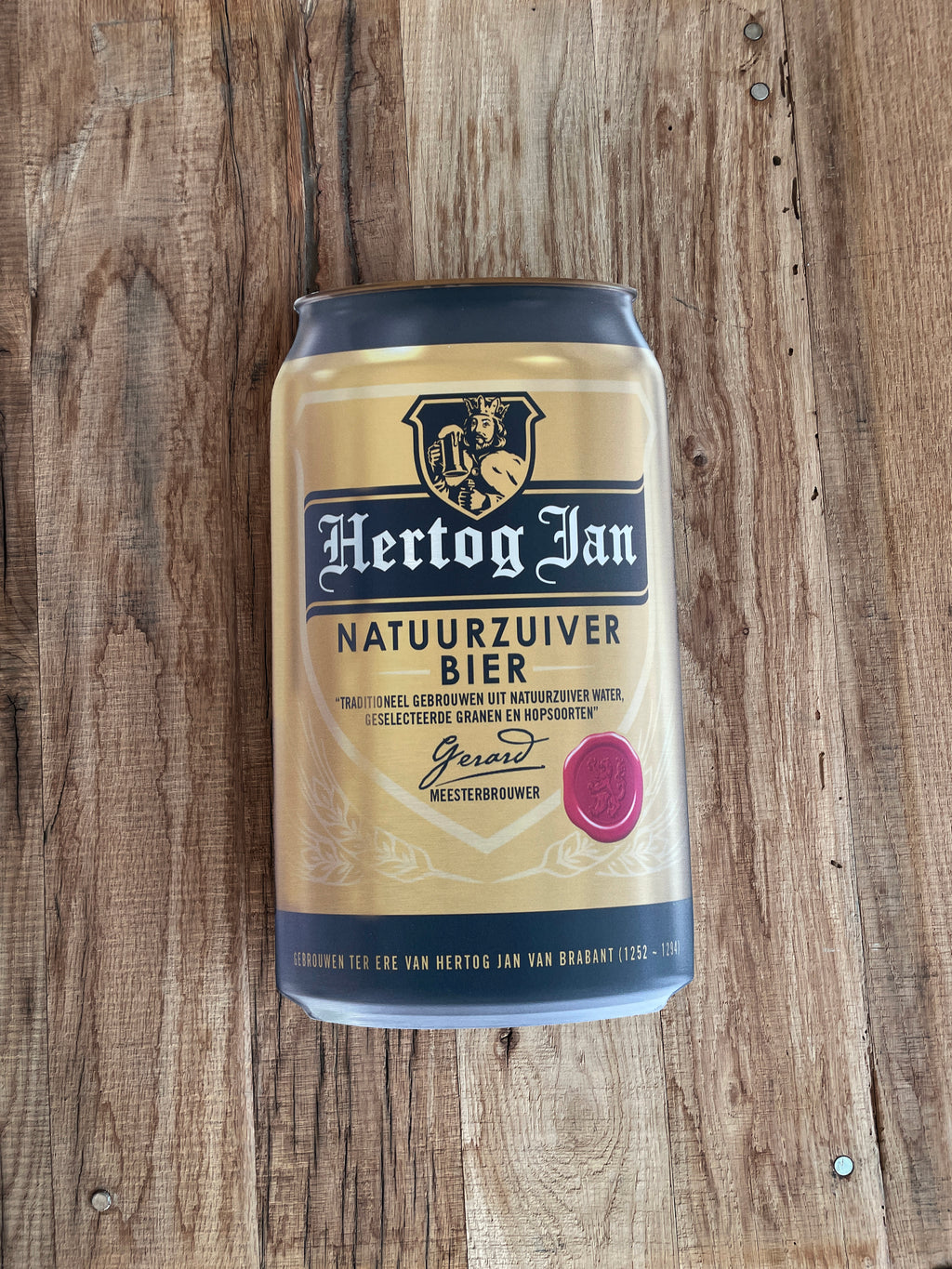 Reclamebord Hertog Jan bier in vorm groot bierblik, 25x46cm