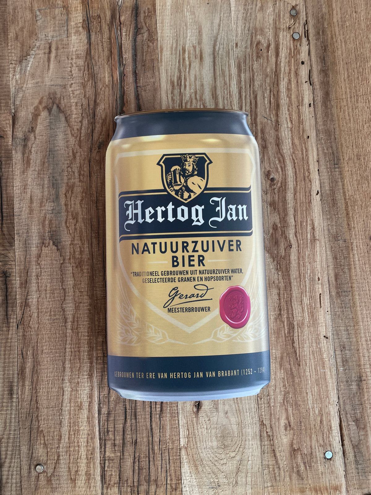 Reclamebord Hertog Jan bier in vorm groot bierblik, 25x46cm