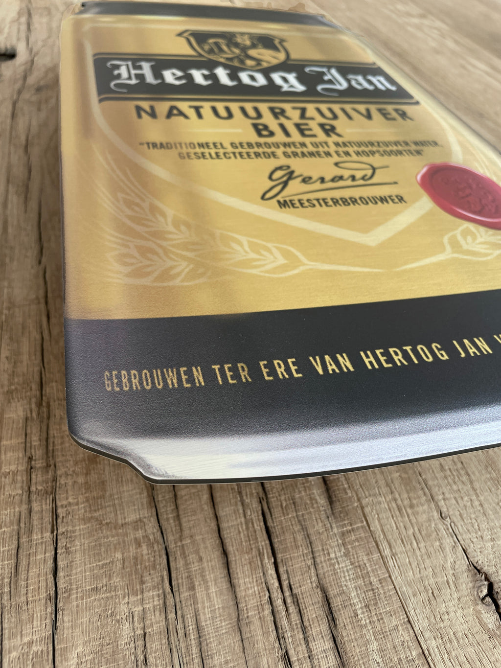 Reclamebord Hertog Jan bier in vorm groot bierblik, 25x46cm