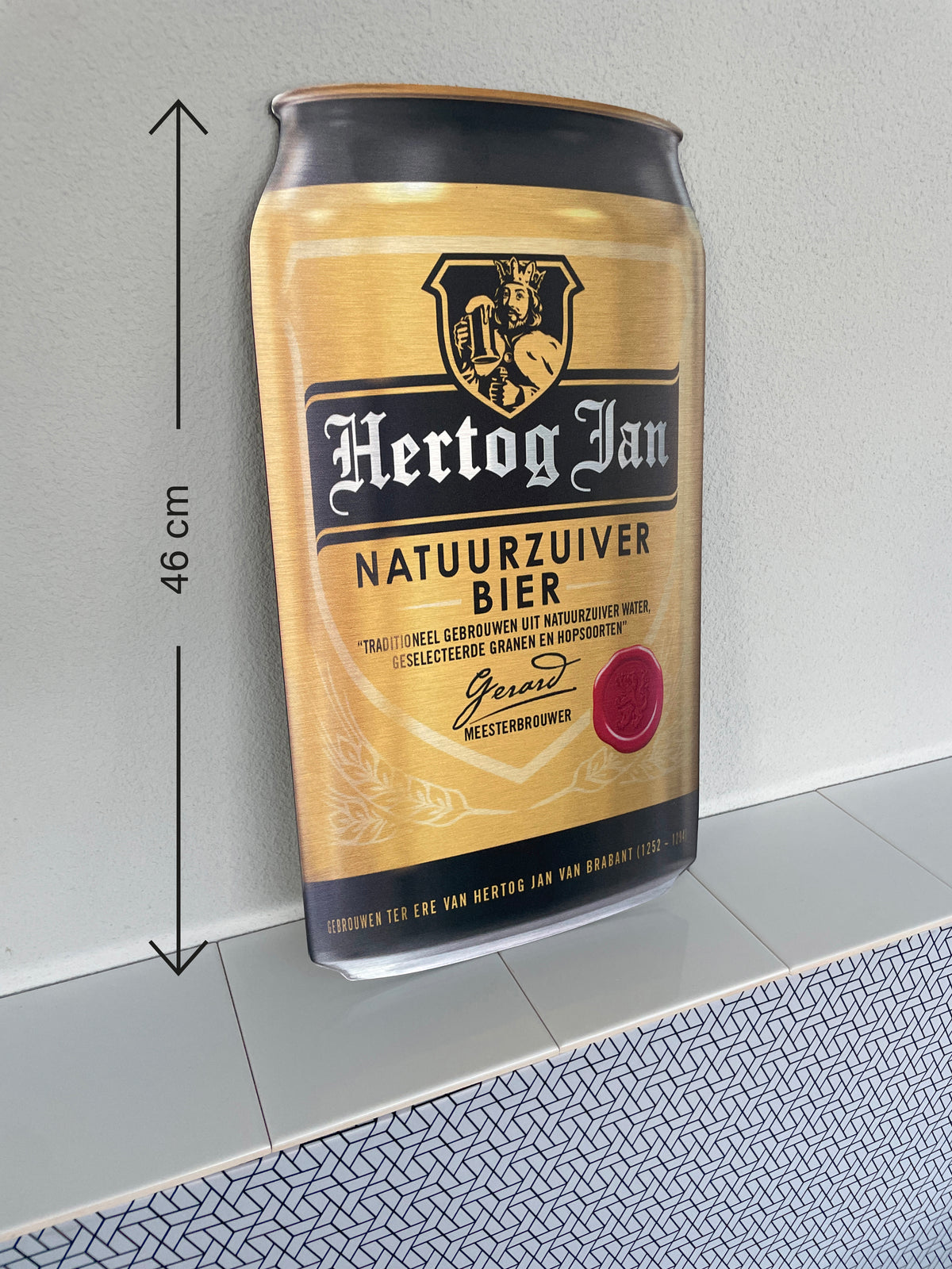 Reclamebord Hertog Jan bier in vorm groot bierblik, 25x46cm