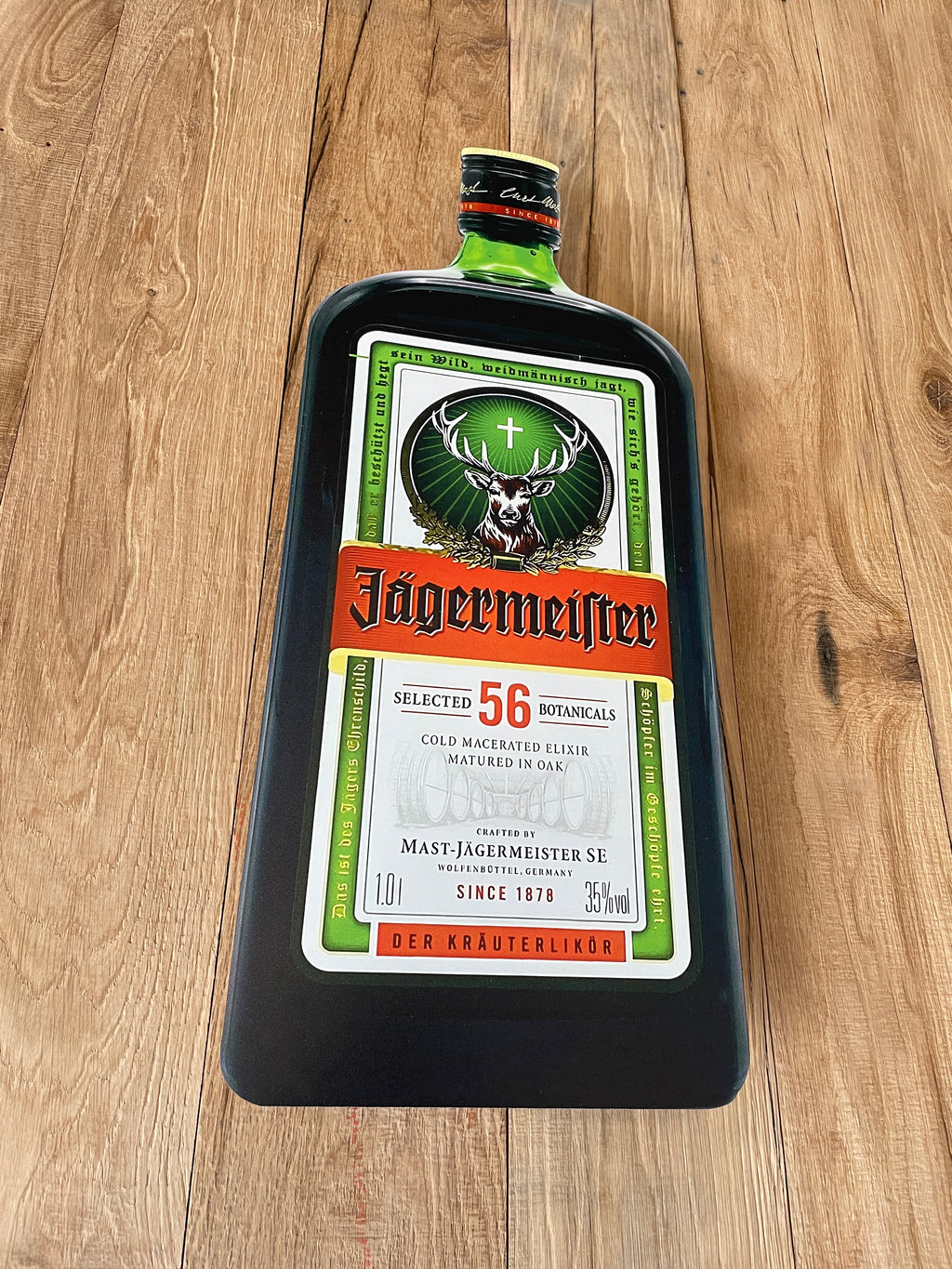 Reclamebord Jägermeister fles groot, 31x57cm hoog, aluminium