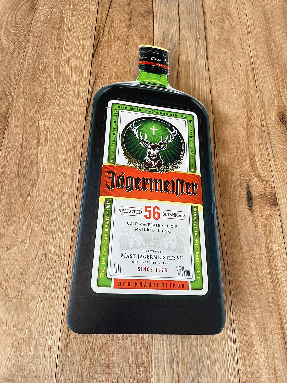 Reclamebord Jägermeister fles groot, 31x57cm hoog, aluminium