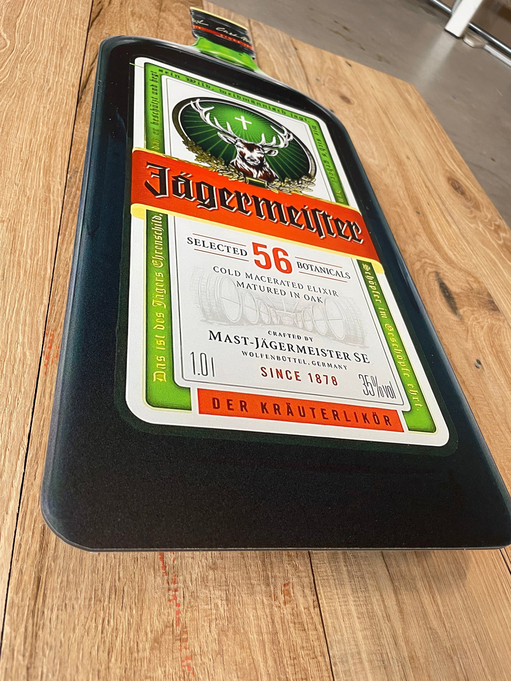 Reclamebord Jägermeister fles groot, 31x57cm hoog, aluminium