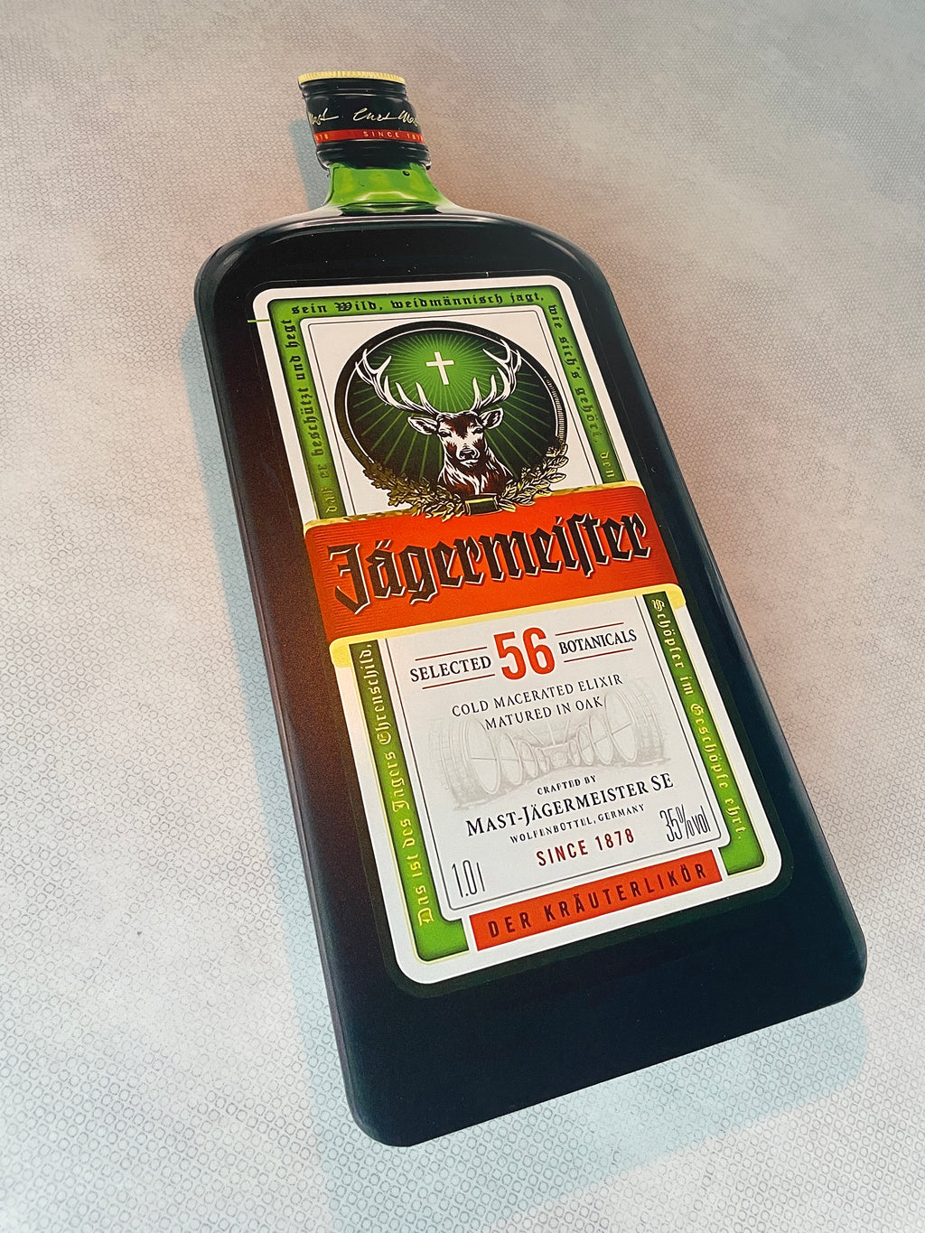 Reclamebord Jägermeister fles groot, 31x57cm hoog, aluminium