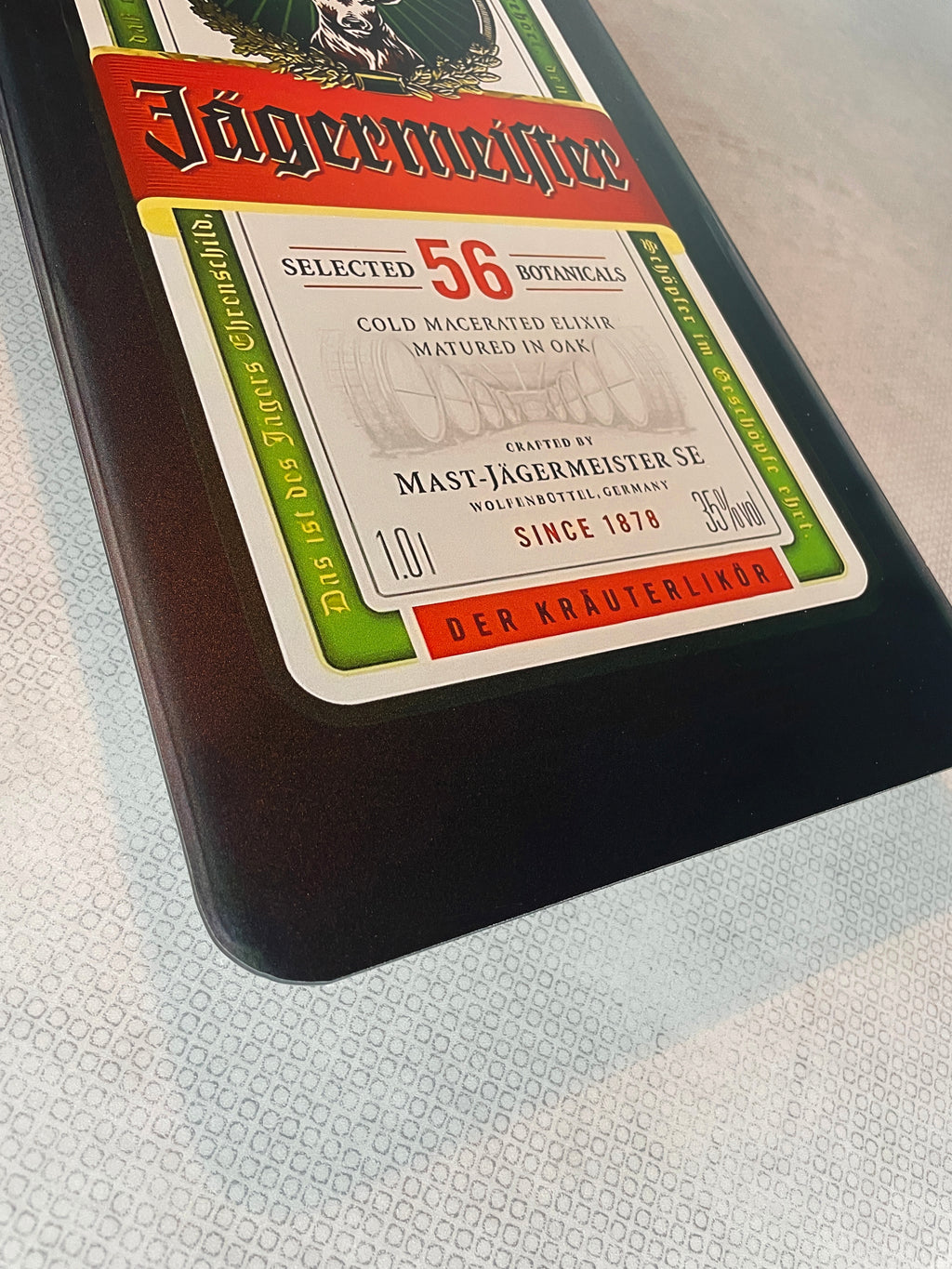 Reclamebord Jägermeister fles groot, 31x57cm hoog, aluminium