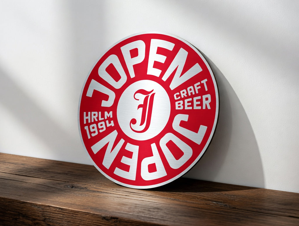 Reclamebord Jopen bier logo aluminium, afmeting 40x40 cm